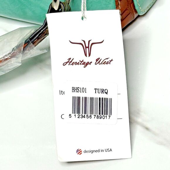 Western Turquoise Rhinestone Cross Handbag Tooled Brown Faux Leather Chain Strap - Picture 14 of 14